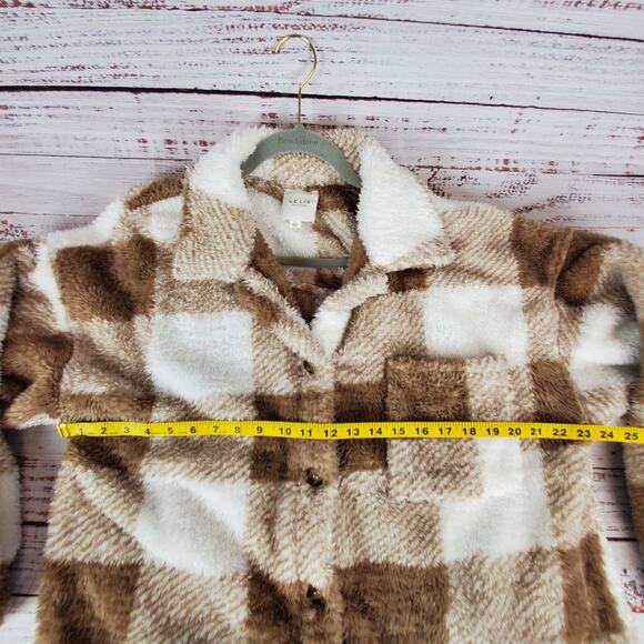 Le Lis Fuzzy Shacket Sweater Coat Cozycore Boho Aesthetic Brown/White Check Sz L - Picture 7 of 10